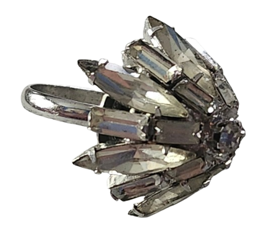 Vtg High Dome Rhinestone Silver Marquise Navette Adjustable Cocktail Ring